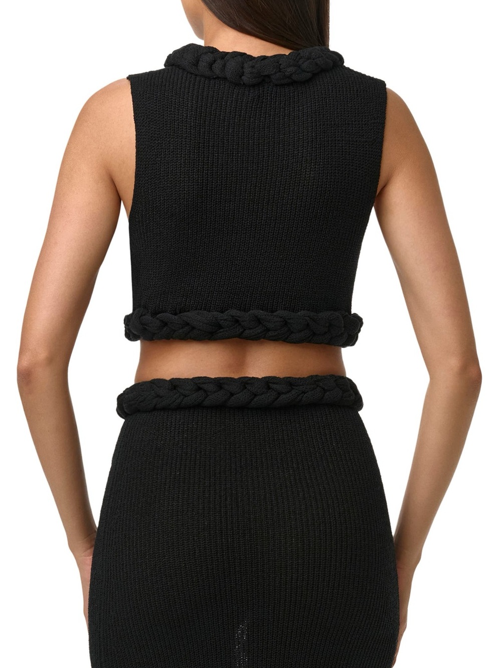 NWOT Naked Wardrobe Sz M Black Rib Knit Braid Trim Crop Top Sheer - Picture 3 of 12